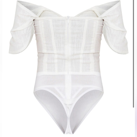White Linen Look Bardot Draped Bust Corset Bodice Bodysuit - Picture 3 of 3